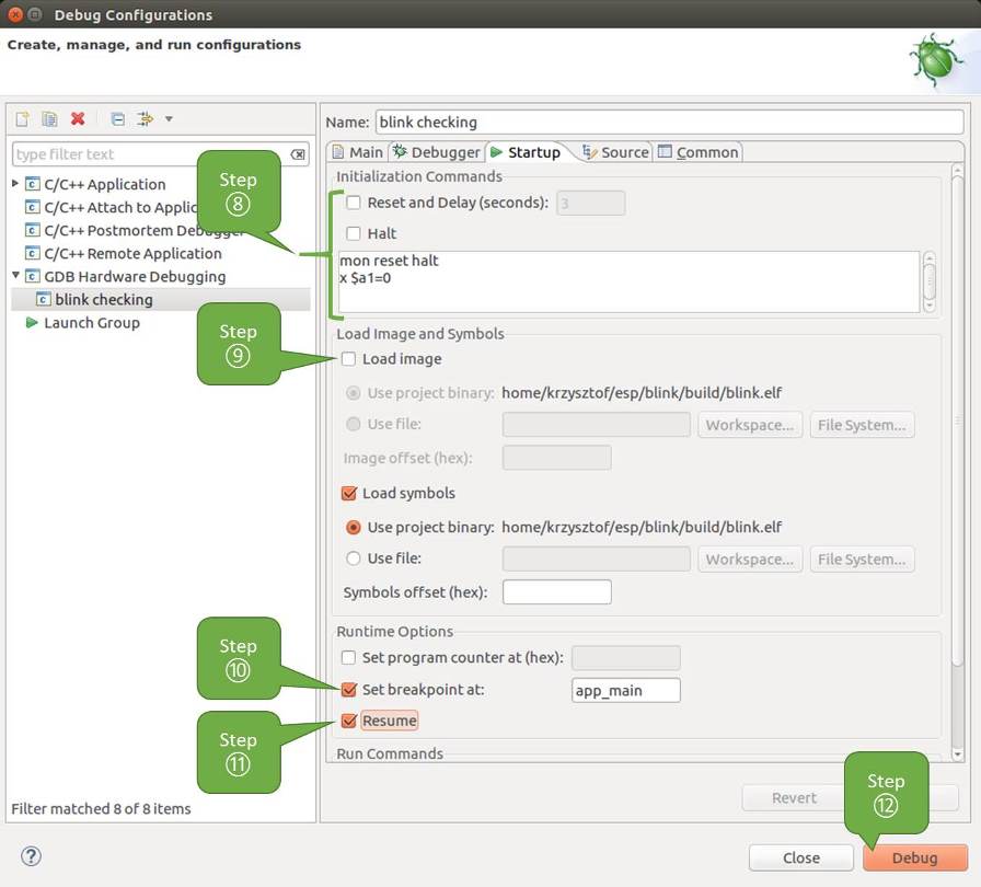 Configuration of GDB Hardware Debugging - Startup tab
